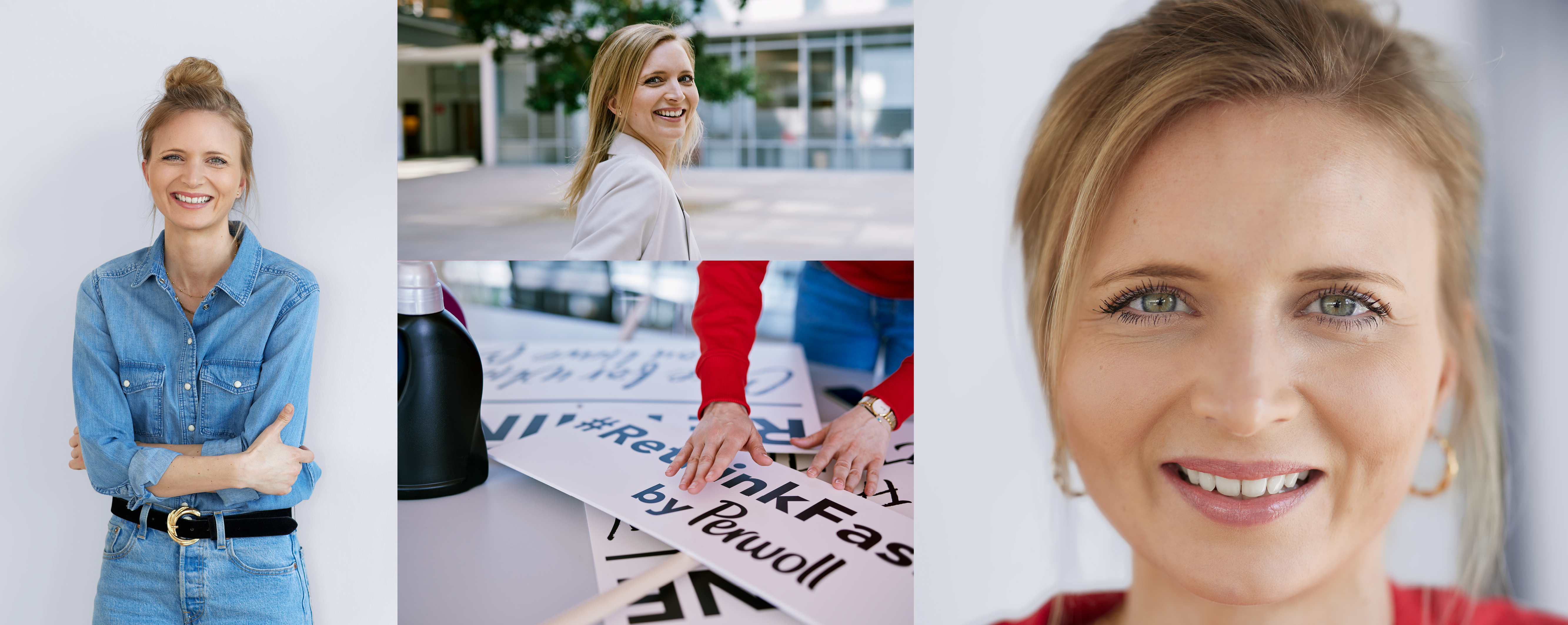 Uma funcionária da Henkel em frente ao seu local de trabalho. Ela posa para a câmera, seleciona as placas da campanha #Rethink Fashion do Persil e está sorrindo. 