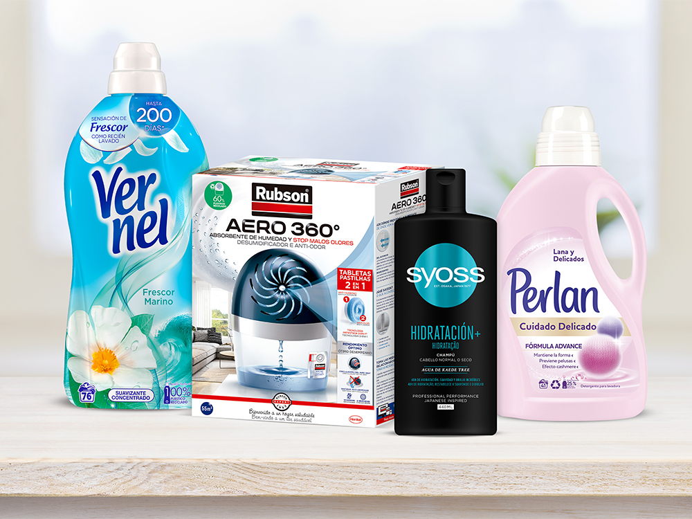 Productos da marcas Vernel Syoss e Rubson com embalagens sustentáveis
