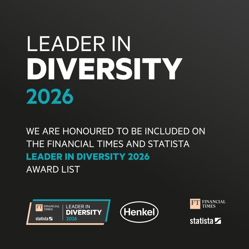 Gráfico corporativo sobre fundo escuro com o texto “Leader in Diversity 2026” e uma mensagem que anuncia a inclusão da Henkel na lista Leader in Diversity 2026, elaborada pelo Financial Times e pela Statista. Na parte inferior surgem os logótipos do Financial Times, da Statista e da Henkel.