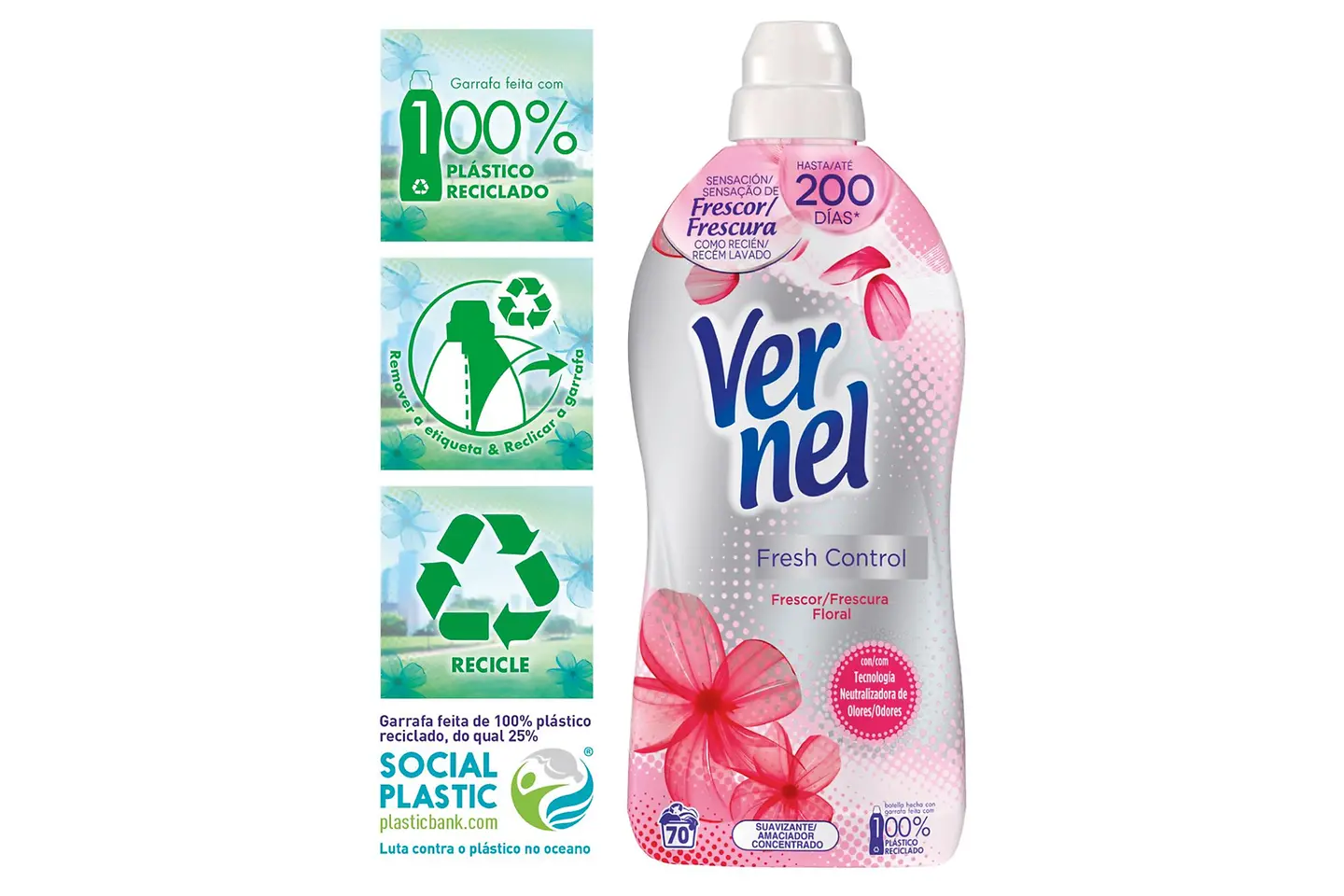 Vernel com garrafa feita de plástico 100% reciclado e com nova tecnologia de perfume duradouro