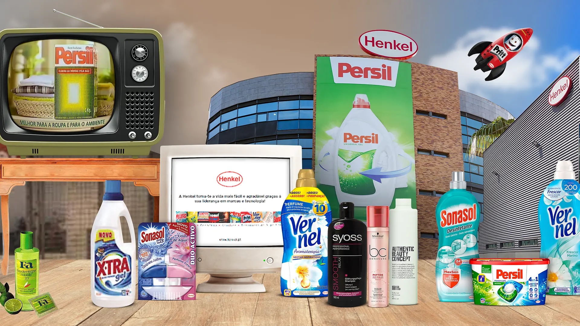 A imagem mostra os marcos e principais marcas da história da Henkel Iberica em Portugal.