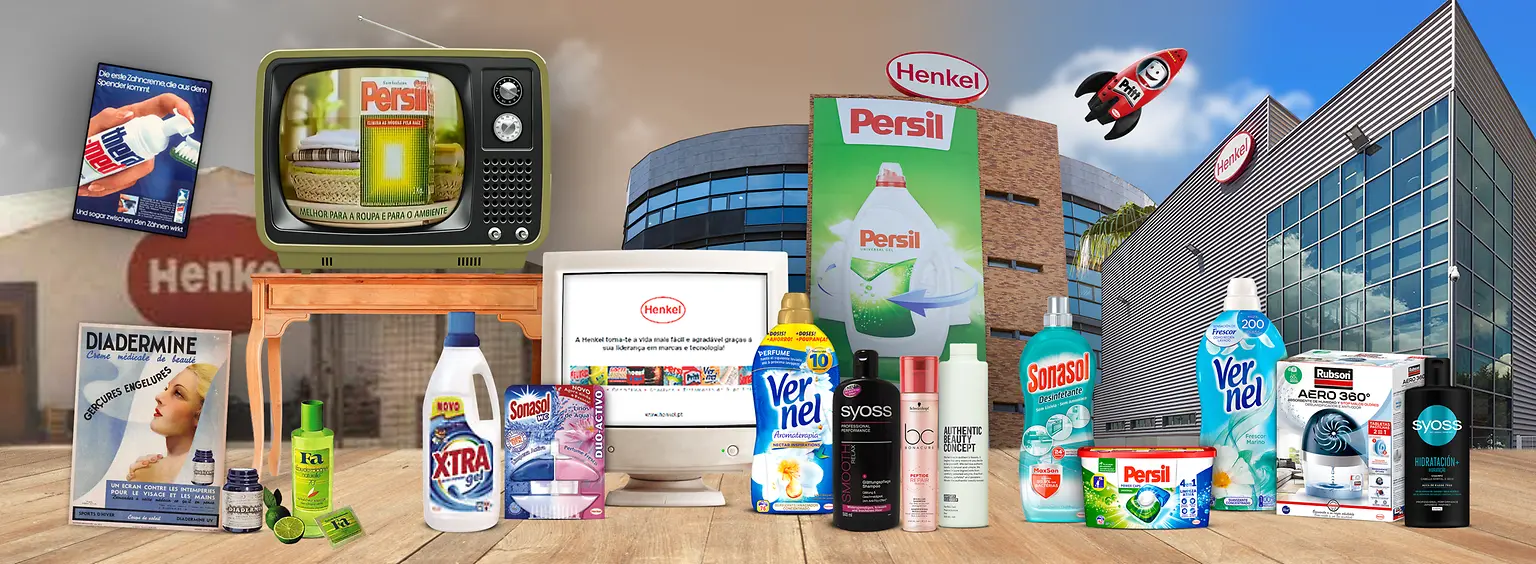 A imagem mostra os marcos e principais marcas da história da Henkel Iberica em Portugal.