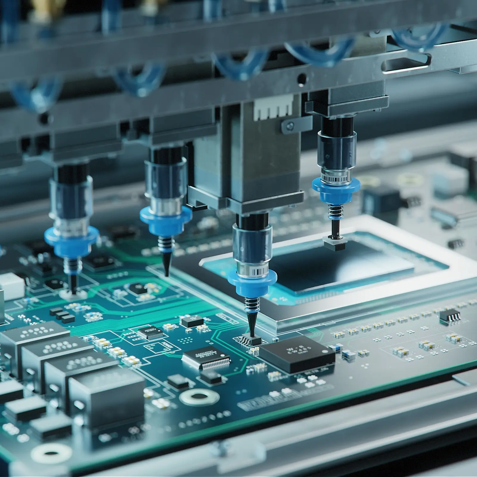 Aplicação de adesivo numa placa de circuitos com componentes com uma máquina de 4 agulha