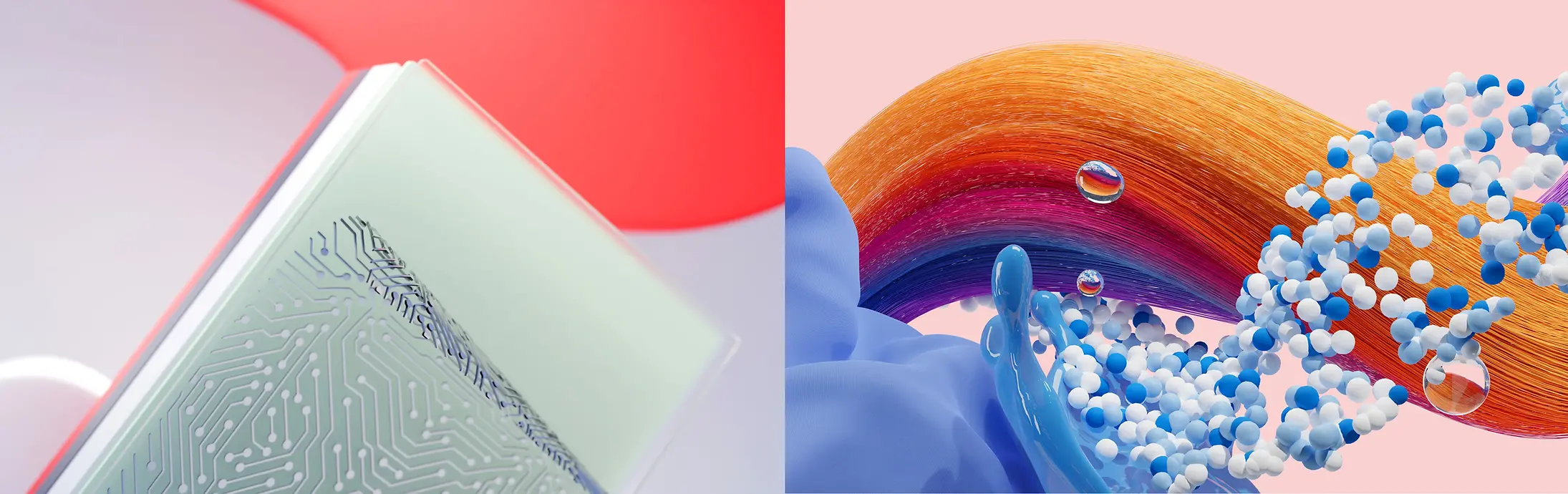 : Imagem abstrata que representa as unidades de negócio da Henkel: Adhesive Technologies, Hair e Laundry & Home Care.