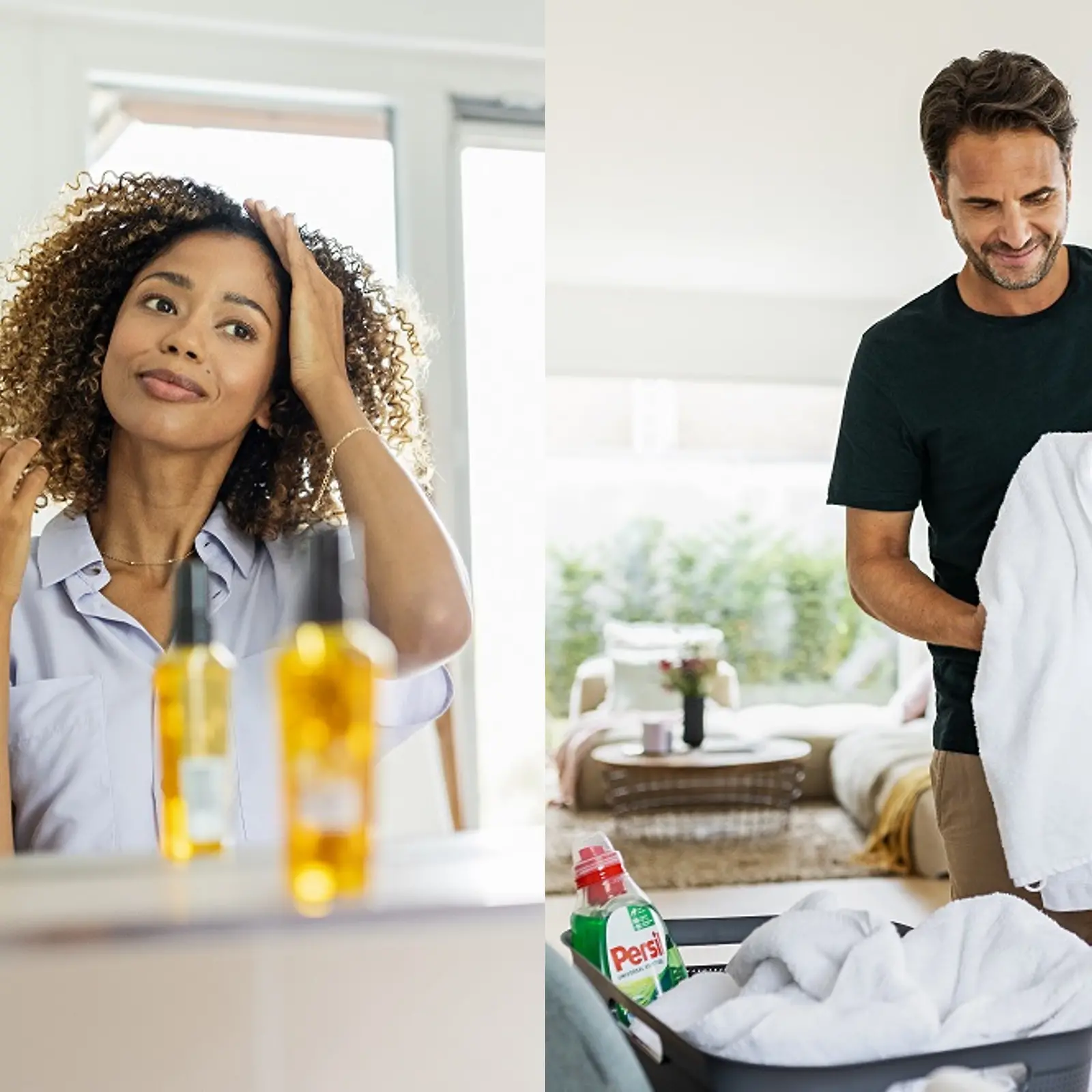 Do lado esquerdo: uma mulher a aplicar um produto de tratamento capilar no seu cabelo encaracolado; do lado direito, um homem a dobrar a roupa
