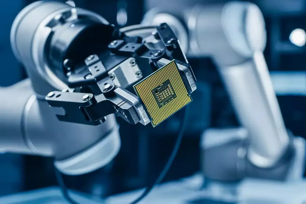 Braço robótico a operar máquinas automatizadas em ambiente de fabrico de semicondutores.