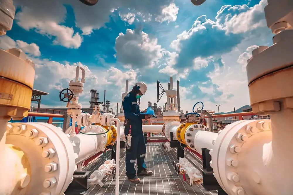 Instalação industrial com grandes tubagens e trabalhadores a inspecionar equipamentos ao ar livre.