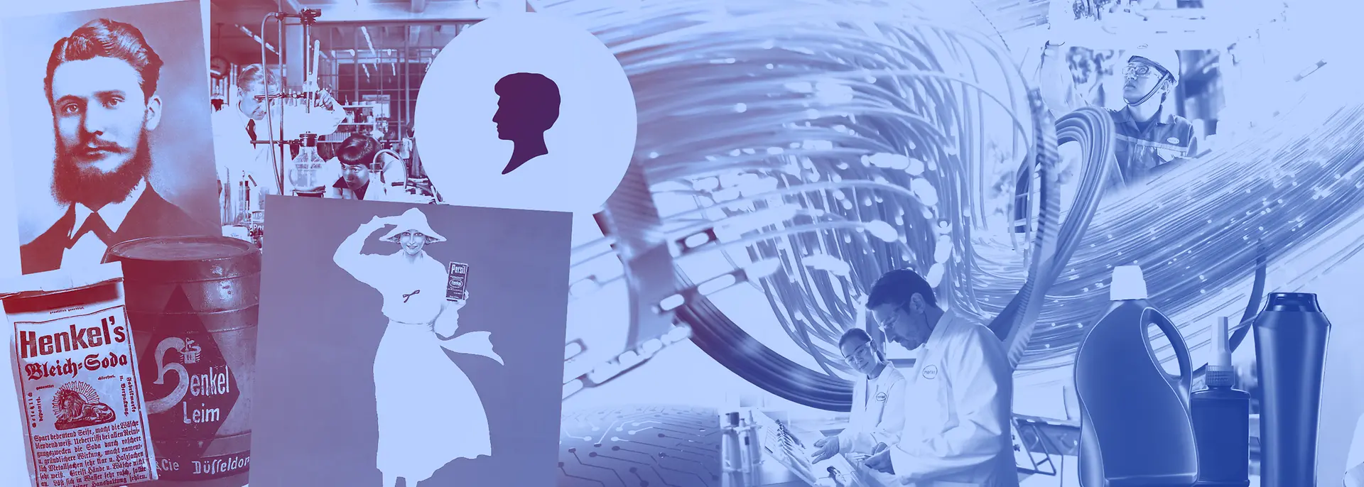 Colagem de produtos vintage da Henkel, garrafas de detergente, trabalhadores de laboratório e anúncios históricos em tons de azul.