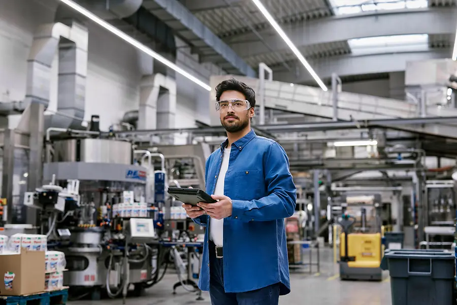 Homem de pé numa unidade de produção moderna, a segurar um tablet e a usar óculos de proteção, representando a inovação e a digitalização na produção da Henkel.