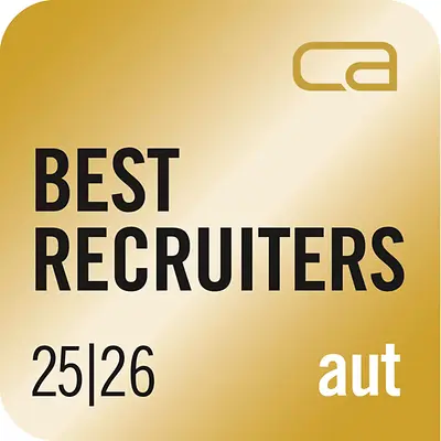 Distintivo Best Recruiters Austria 25/26 Gold, que reconhece a excelência da Henkel na qualidade do recrutamento e na experiência do candidato.