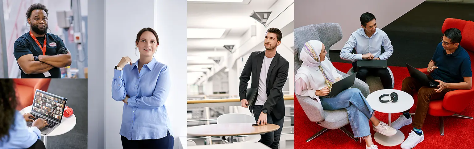 Colagem de pessoas diversas, homens e mulheres, em diferentes contextos, incluindo retratos, pessoas a trabalhar à secretária e equipas em colaboração.