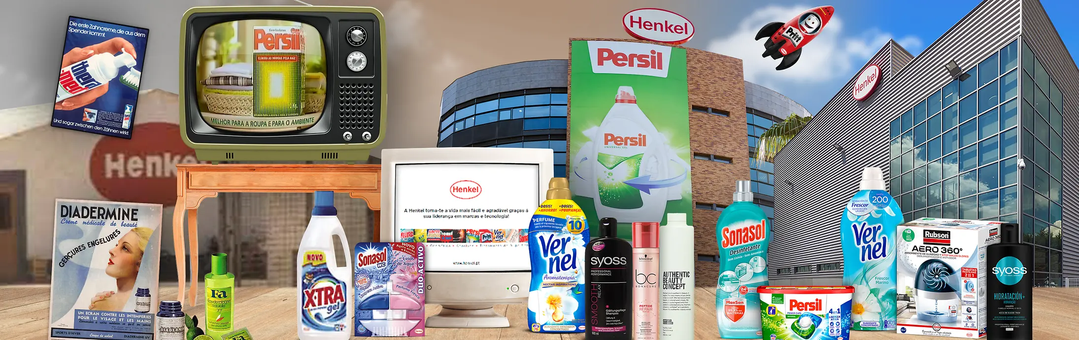 Imagem com produtos icónicos da Henkel em Portugal, incluindo detergentes Persil, Xtra e Sonasol, amaciador Vernel, cuidados pessoais Syoss e BC Bonacure, e soluções para limpeza. Ao fundo, edifícios corporativos da Henkel, um monitor antigo e uma televisão retro com anúncio Persil, além de um foguete ilustrado com o logo Pritt. Representa a história e liderança da Henkel em inovação, sustentabilidade e cuidados para casa e beleza.
