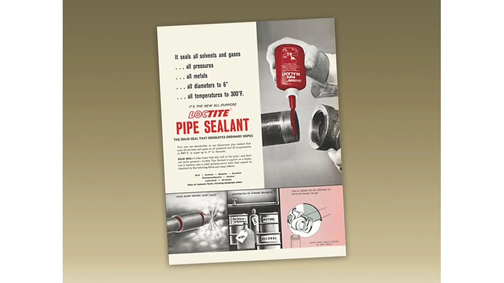 Anúncio histórico da Loctite com destaque para produtos de vedação e adesivos, marca que passou a integrar a Henkel em 1997.