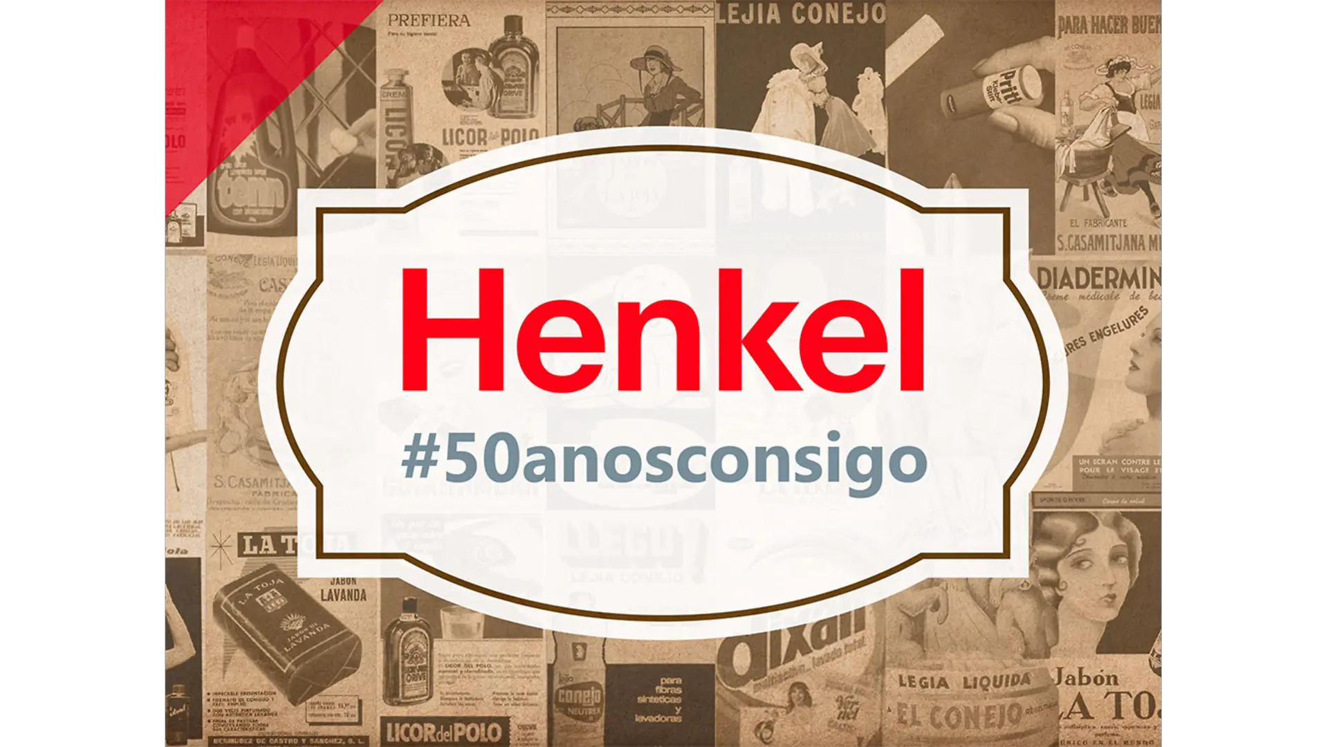 Logótipo Henkel com hashtag #50anosconsigo sobre fundo com imagens históricas, comemorando os 50 anos da Henkel Portugal em 2021.