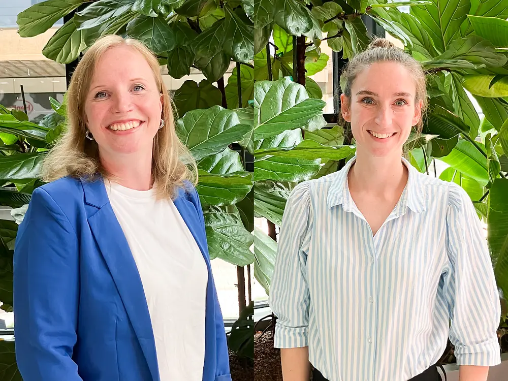 Duas parceira de recrutamento em pé, no interior, à frente de grandes plantas verdes. Uma veste um blazer azul sobre uma blusa branca, e a outra uma camisa clara às riscas. Estão a partilhar dicas para uma entrevista bem-sucedida.