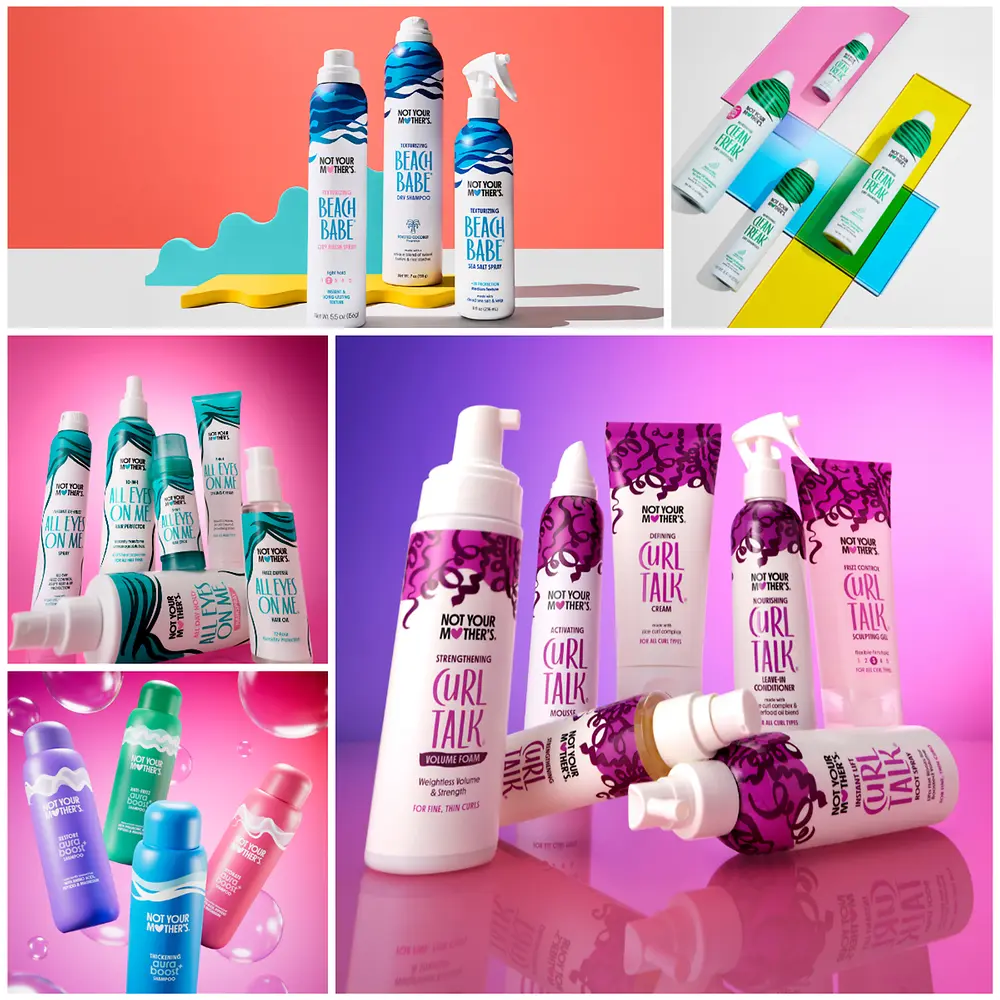 Colagem de várias coleções de produtos capilares Not Your Mother’s, como Curl Talk, Beach Babe, Clean Freak e All Eyes On Me.