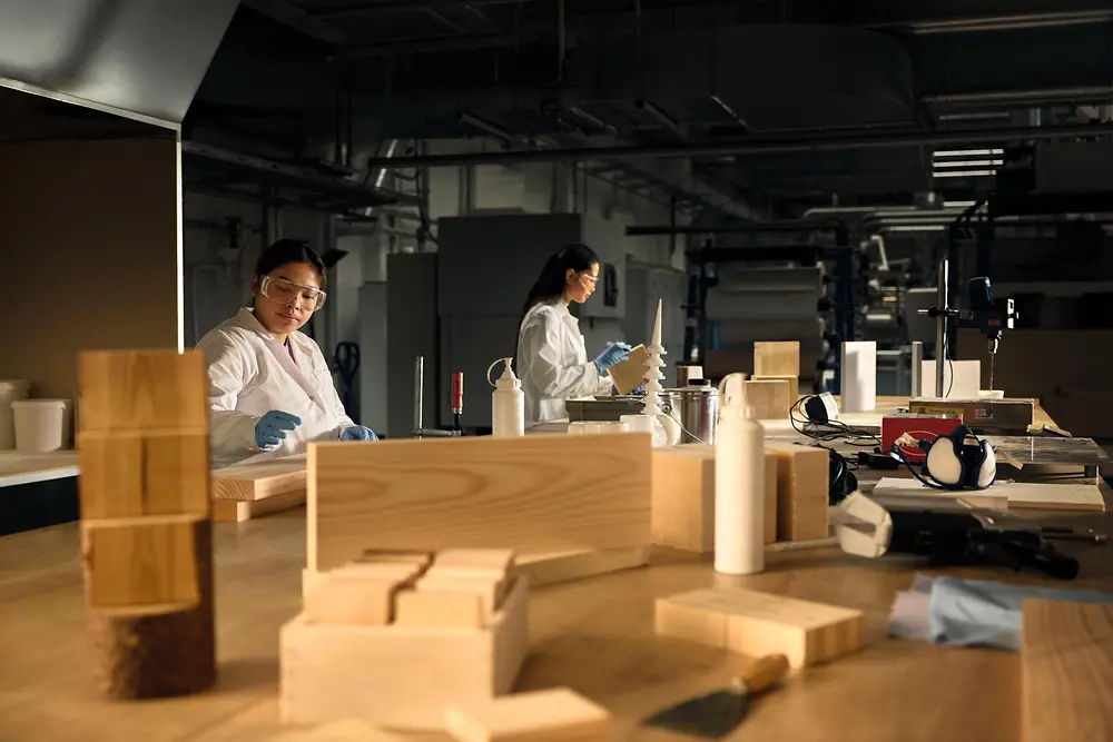 Ambiente de workshop com pessoas vestindo batas de laboratório e luvas de proteção, a trabalhar numa grande mesa de madeira coberta de amostras de madeira, ferramentas e frascos.