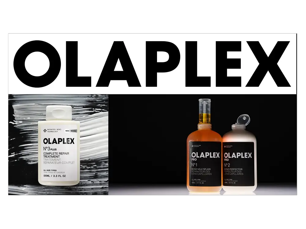 Produtos da Olaplex em primeiro plano junto ao logótipo da marca.