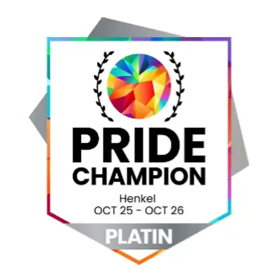 Distintivo Pride Champion Platin 2025–2026, que reconhece o compromisso da Henkel com a inclusão LGBTQ+ e a igualdade no trabalho.