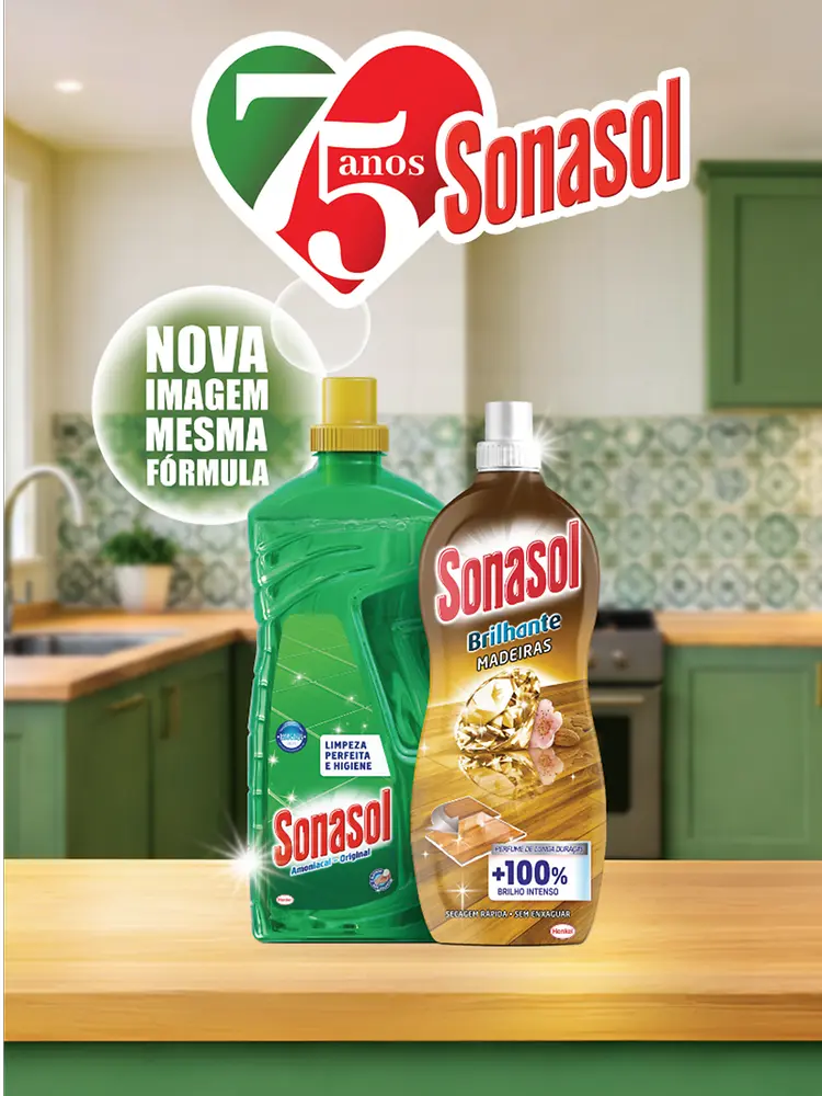 Imagem comemorativa dos 75 anos da Sonasol com produtos da marca em destaque.