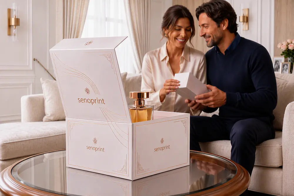 Caixas de produtos de luxo com acabamentos premium sobre uma mesa, exemplo da aplicação das soluções de revestimentos especiais da Stahl para o setor das embalagens de alta gama.
