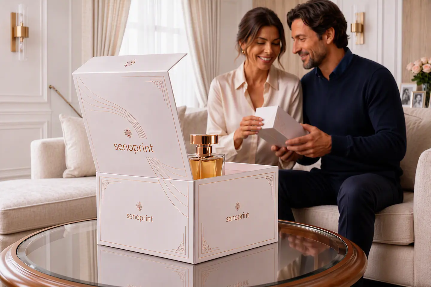 Caixas de produtos de luxo com acabamentos premium sobre uma mesa, exemplo da aplicação das soluções de revestimentos especiais da Stahl para o setor das embalagens de alta gama.